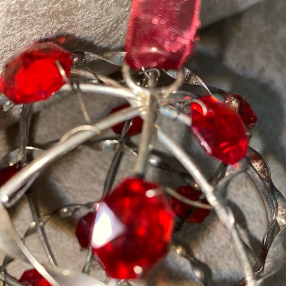 Handmade Twisted Silver Beaded Christmas Ornament w/Red Jewel Beads-3-3/4” Round - Picture 4 of 8